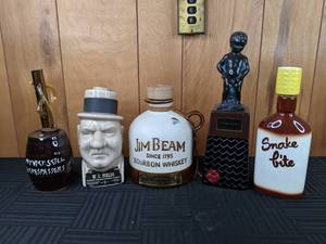 Jim Beam, W.C Fields, Private Still, Mannequin and Snake Bite Decanters