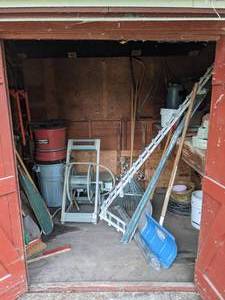 Shed Full of Snow Shovels, GardenLawn Shovels, Edgemaster Trim, Ames Hose King Hose Reel, Plastic Paint PailsBuckets, Hacksaws and Much More