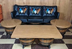 Vintage 4-Piece Whiskey Barrel Furniture Includes Sofa with Whiskey Barrel Base, (2) End Tables & a Coffee Table