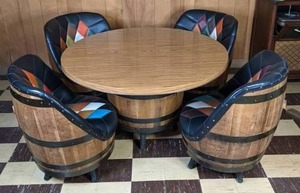 Vintage 5-Piece Whiskey Barrel Furniture Includes Dining Table with Whiskey Barrel Base and (4) Swiveling Whiskey Barrel Club Chairs