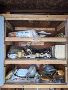 Assortment of Clamp-On Light, Extension Cords, Rope, General Duty Plastic Sheeting, Extension Cord Reel Stands, Woodboring Bits, Nut Drivers and More