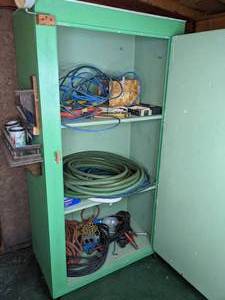 3-Shelf Single Door Storage Cabinet on Wheels with Extension Cords, Forged Tow Hooks, Bolts and More