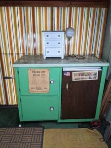 Vintage Bar Cart with Mini Fridge, Small 3-Drawer Stand and Life is Beautiful Lamp