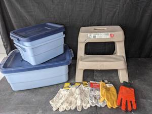 RubberMaid Roughneck Storage TotesContainers in 3 Gal and 8 Gal., 2-Step Carry-Top Stool and (6) Pairs of Work Gloves