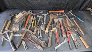 Assortment of Tools Ball-Peen Hammers, Brick Hammer, Claw Hammers, Crescent Adjustable Wrench, Pipe Wrenches, Flat Trowels, Hand Axes, Etc.