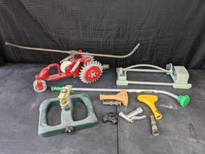 Vintage F.D. Kees Cast Iron Walking Tractor Sprinkler, Oscillating Sprinkler, Miracle Gro Feeder Wand, Nozzles and More