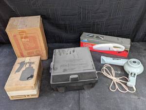 Vintage Super-Pro 1400 Watts Professional Style Blow Dryer, Craftsman Sears Airless Electric Paint Sprayer with Case, Craftsman Sears Spray Paint Gun, Titan II Electric Space Heater, and On The Road 12V Automobile Vacuum Cleaner
