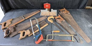 Assortment of Hand Saws, Hacksaws, Drywall Saw, Stanley Aluminum Handyman Miter Box and More