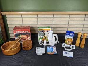 Teak Wood Salad Bowl Set, Presto Salad Shooter, Blooming Flower Onion Cutter, Wood Salt Shaker & Pepper Grinder