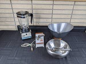 Vintage Osterizer Blender, Electric Can Opener, Metal Serving Bowl and Tongs, and Oblong Metal Serving Dish