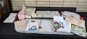 Assorted Vintage Doilies, Aprons, and Tea Towels