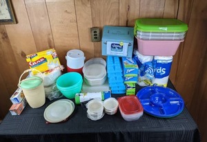 Assortment of Household Essentials Ziploc Storage Bags, Glad Garbage Bags, Coleman Thermos, Disposable Plates, Plastic Food Storage, Ice Trays and More