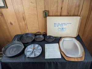 Set of 4 Cast Iron Skillets, Nordic Ware Corn Bread Pan and Nordic Wear Wide Oval Serving Platter
