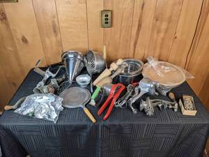 Vintage Kitchen Tools Grinder, Funnel, Utensils, Cutouts, and More