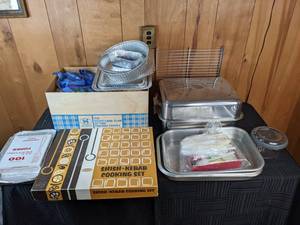 Kitchen Needs Shish-Kebob Cooking Set, Paper Plates, Plastic Utensils, Warming Trays, Pans, Etc.
