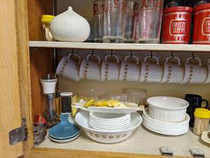 Vintage Kitchen Cabinet Items Cups, Glasses, Bowls, Garlic Keeper, Coasters, Lazy Susan, and Much More