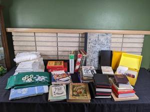 Mixed Lot of Linens, Cookbooks, Vintage Books, Websters Dictionary, Longfellows Poems, Recipe Boxes, Maps and More