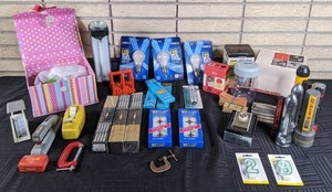 Mixed Lot of Office Supplies, Light Bulbs, Flash Lights, Candles, Honeywell Winter Watchman, Clamps, and More