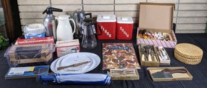 Mixed Lot of Coffee Pots, Salt & Pepper Shakers, Flour & Sugar Containers, Ekco French Fry Cutter, and Much More