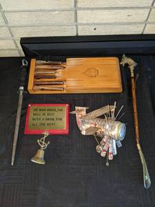 Mixed Lot Honing Rod, Knife Set, Shoe Horn, Funny Little Sign, and a Blatz Beer Can Airplane