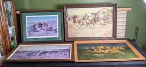 Four (4) Framed Charles M. Russell Prints Cinch Ring, Smoke of a .45, Lewis & Clark Meeting the Flathead Indians, Laugh Kills Lonesome