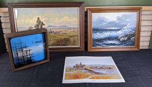 Artwork Charles M. Russell Prints Worked Over and The World Was All Before Them, Designs in Time Sailing Ship Clock, and Original Ocean Painting