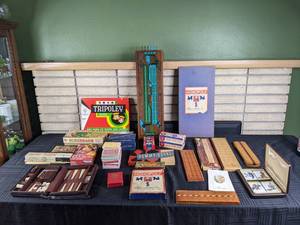 Collection of Vintage Games Tripoley, Monopoly, Cribbage Boards, Scribbage, Backgammon, Poker Chips and More