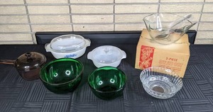 Original Rogers Silver Plate 3-Piece Salad Set, Amber Glass Saucepan with Lid, Green Glass Mixing Bowls, Decorative Glass Bowl and Casserole Baking Dishes with Lids
