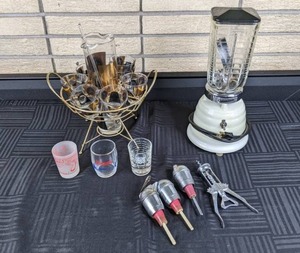 Osterizer Blender, 6-Glass Cocktail Caddy Rack with Pitcher, Wine Bottle Opener, Small Hamms Beer Glass, 4 Oz. Say When Shot Glass, Barclays Heavy Shot Glass and Vintage Chrome Liquor Spirit Pourers