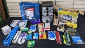 Assortment of Office Supplies Paper Clips, Light Duty Hole Punch, Scotch Paper Cutter, Scotch Tape, Heavy Duty Binders, Highlighters, Post-it Pens, Sharpies, Pens, Pencils, Markers, Tape Dispenser Holder and More