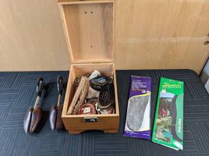 Vintage Wood Shoe Shine Box, Shoe Forms, Cavalier Saddle Soap, Kiwi Brown Shoe Polish, Brushes, Odor Stoppers Foam Cushion Insoles, The Original Green Insoles and More
