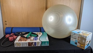 Fitness Lot Yoga Mat, Body Ball, Foam Cushion, Pair of 3 Lb. Weider Weights, and Weider Jump Rope