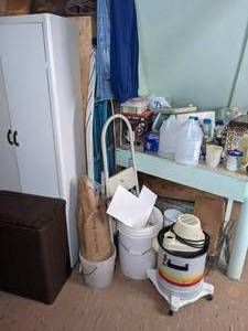 2-Door Cabinet, Menards-Vac, Paint PailsBuckets, Singer Sleeve Board, Coffee Butler, Gemsonic Jewelry Cleaner, Pumie Scouring Stick, Auto Power Vac, Laundry Hamper with Lid, Towels and Much More