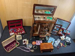 (4) Jewelry Boxes with Costume Jewelry Necklaces, Pins, Earrings, Cuff Links, Rings, Pendants, Brooches and More