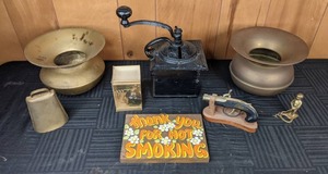 Vintage Collectible Decor Items Spittoons, Coffee Grinder, Corkscrews, Cowbell and More