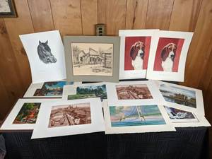 Collection of Prints Hound Dog The Pessimist by John Mechling, On the Job & A Strike at Noon by A. Lassell Ripley, Taking the Lead by George Shepherd, The Good Old Summertime by Paul Detlefsen and More