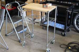 lot 203 image: Wood TopMetal Wire Cart 3-tier