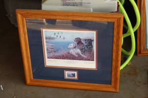 lot 591 image: Fall Guys by D.P. Johnson Collectors Edition Print w Stamp Insert , Wood FrameDouble Matte