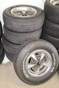 lot 6 image: Lot of (5) Vintage Pontiac 14 5-lug Rims with BF Goodrich Radial TA P20570R14 White Letter Tires