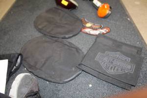 lot 719 image: Lot of (5) Harley-Davidson Motorcycle Accessories - Patches (x2), Velcro Pouch (x1), Seat Covers (x2)