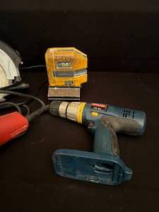 Ryobi Drill, 3 Point Laser, Circular Saw & Grinder