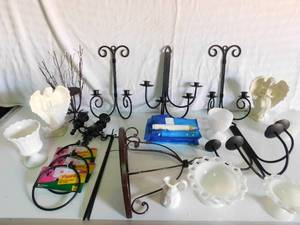 lot 212 image: Milk glass, angel statues, shelf and candle holders w plastic candles and more