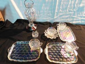 lot 230 image: Carnival glass serving trays w cups and 2 dishes,glass humming bird feeder