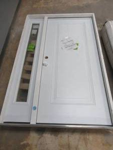 lot 800 image: Steve & Sons Pre-Hung 36 Steel Exterior Door With Sidelight (Iced Glass, Full Lite), Double Bore, Approximate Dimensions 53 x 81 x 4 916 - Scratch and Dent.