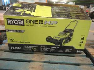 lot 808 image: RYOBI ONE HP 18V Brushless 16 in. Cordless Battery Walk Behind Push Lawn Mower with (1) Battery and (1) Charger, P1190 - WorksRuns, Missing Screws to attach handle.
