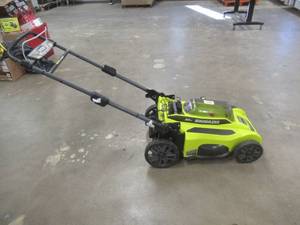 lot 823 image: RYOBI 40V Brushless 20 in. Cordless Battery Walk Behind Push Lawn Mower with Charger, RY401011VNM - Missing Battery - Starts and Runs.