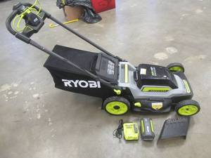 lot 824 image: RYOBI 40V HP Brushless 20 in. Cordless Electric Battery Walk Behind Self-Propelled Mower With Battery and Charger, RY401018 - Like New, Starts and Runs Well