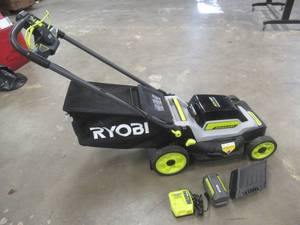 lot 825 image: RYOBI 40V HP Brushless 20 in. Cordless Electric Battery Walk Behind Self-Propelled Mower With Battery and Charger, RY401018 - Broken Grass Flap. Slightly Used, Starts and Runs Well