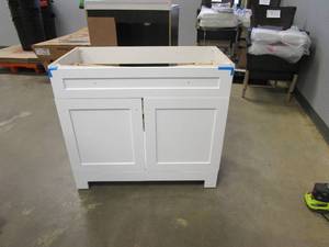 lot 703 image: Everdean 36.50 in. W x 18.75 in. D Bath Vanity in White (NO TOP, FRONT BRACE IS CRACKED THROUGH & DRAWER IS CRACKED INSIDE, SEE PHOTOS)