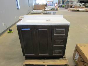 lot 704 image: GLACIER BAY Northwood 37 in. W x 19 in. D Bathroom Vanity in Dusk with Solid Surface Vanity Top in Silver Ash with White Sink (NICE CONDITION)
